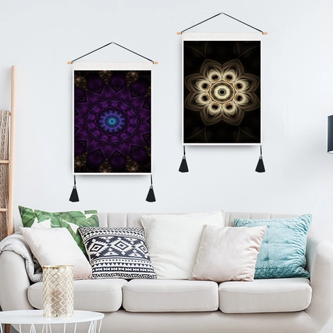 Tapiz De Pared Mandala Patrón Abstracto Bohemio Pintura Colgante De Poli Algodón Con Poste De Madera Y Borlas