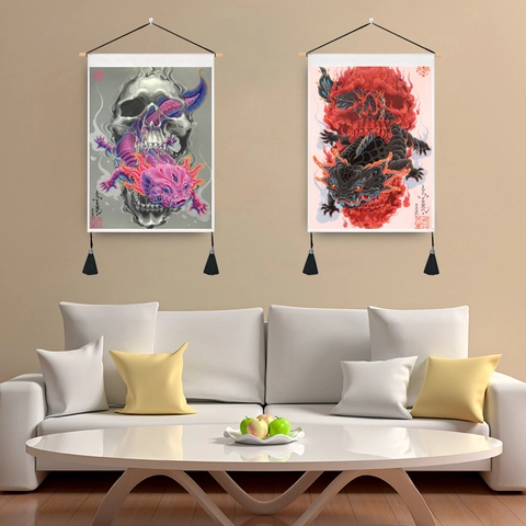 Skull Oriental Mythical Tapestry Polyester Cotton Wall Hanging With Tassel And Wood Rod Psychedelic Art Scroll Decor