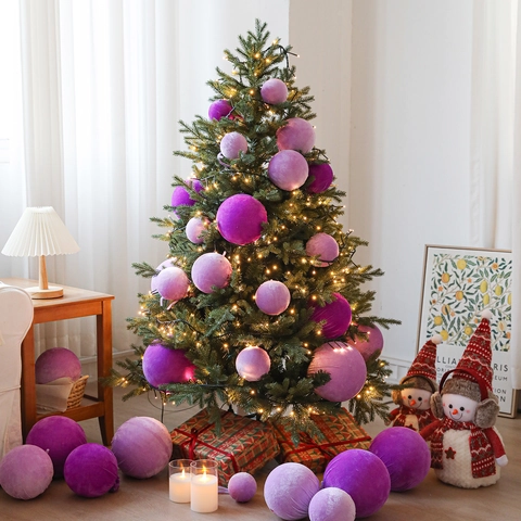 Purple Velvet Christmas Ball Ornament With Ruffle Top And Hanging String Soft Flocking Decorative Ball For Christmas Tree Holiday Home Decor