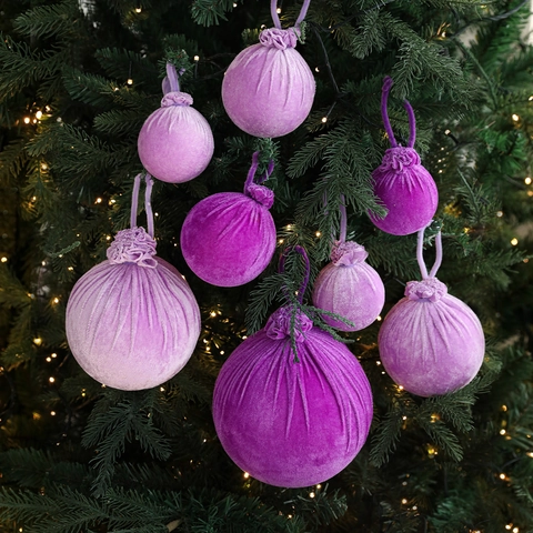 Purple Velvet Christmas Ball Ornament With Ruffle Top And Hanging String Soft Flocking Decorative Ball For Christmas Tree Holiday Home Decor