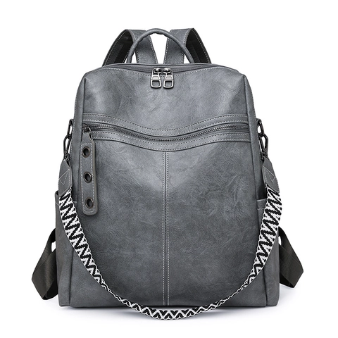 Fashion Backpack PU Leather Large Capacity Retro Travel Daypack With Ethnic Woven Wide Strap For Women
