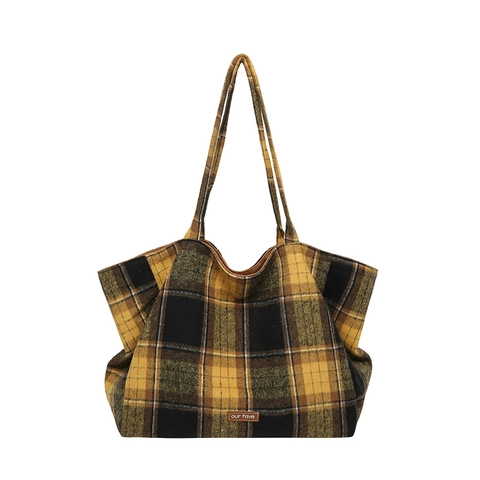 Sac Fourre-Tout À Carreaux Style Britannique Femmes Grande Capacité Tissu Patchwork Sac À Épaule Décontracté Rétro