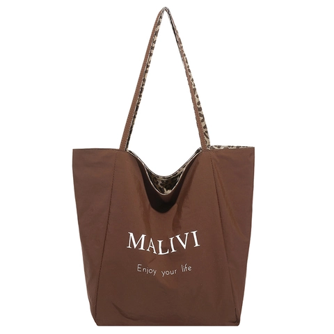 Borsa Tote Da Donna Grande Capacità Tessuto In Nylon Con Dettaglio Leopardato Slogan Con Lettere Borsa A Spalla