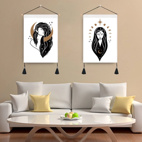 Minimalist Goddess Moon Phase Tapestry Wall Hanging Polyester Cotton With Wood Rod Tassels Mystical Celestial Art Decor