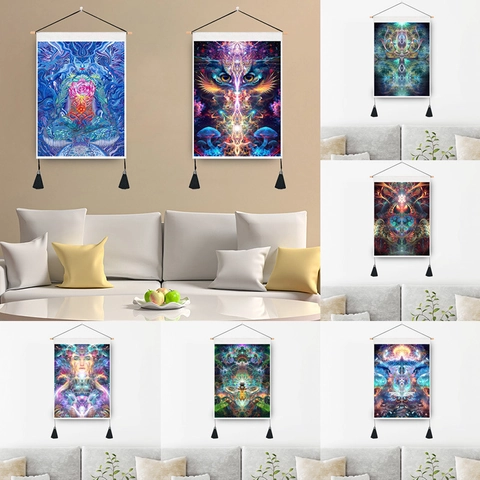 Psychedelic Art Wall Hanging Tapestry Polyester Cotton Mandala Meditation Print With Wood Pole And Tassels Decoration