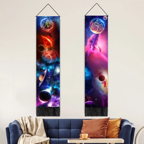 Universe Galaxy Planet Tapestry Wall Hanging Cotton Polyester Fabric With Wood Rod And Tassels For Bedroom Home Decor Nordic Style