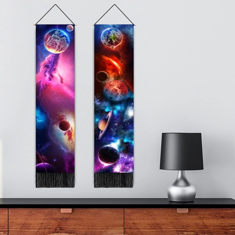 Universe Galaxy Planet Tapestry Wall Hanging Cotton Polyester Fabric With Wood Rod And Tassels For Bedroom Home Decor Nordic Style