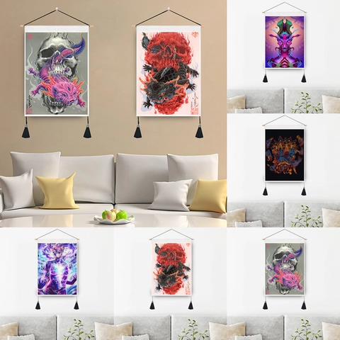 Skull Oriental Mythical Tapestry Polyester Cotton Wall Hanging With Tassel And Wood Rod Psychedelic Art Scroll Decor