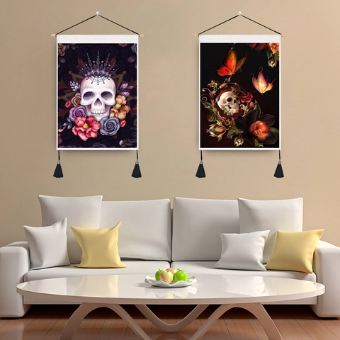 Gothic Skull Tapestry Wall Hanging Polyester Cotton Decorative Art With Wood Pole And Tassel For Home Living Room
