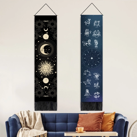 Zodiac Constellation Tapestry Wall Hanging Polyester Cotton Astrology Moon Phases Banner With Tassels And Wooden Pole