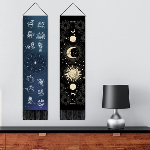 Zodiac Constellation Tapestry Wall Hanging Polyester Cotton Astrology Moon Phases Banner With Tassels And Wooden Pole