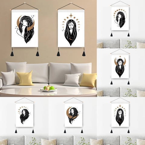 Minimalist Goddess Moon Phase Tapestry Wall Hanging Polyester Cotton With Wood Rod Tassels Mystical Celestial Art Decor