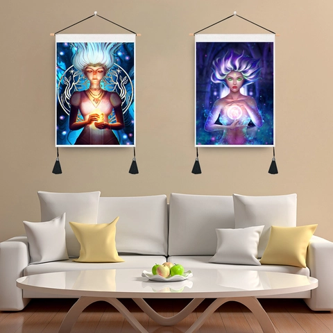Fantasy Goddess Wall Hanging Tapestry Mystical Moon Phase Art Scroll Painting Polyester Cotton With Wood Rod And Tassels