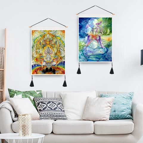 Fantasy Goddess Wall Hanging Tapestry Mystical Moon Phase Art Scroll Painting Polyester Cotton With Wood Rod And Tassels