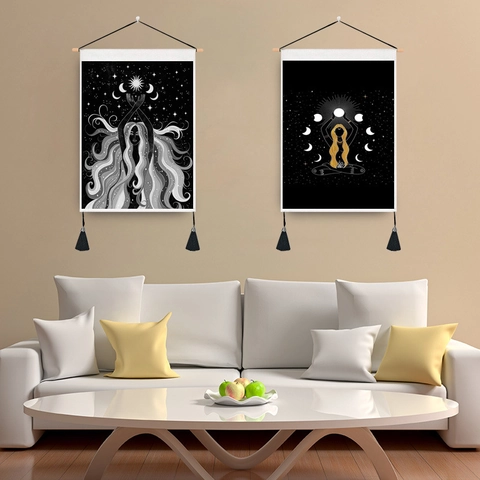 Mystieke Maangodin Wandtapijt Polyester Katoen Stof Decoratieve Ophanging Met Houten Roede En Kwastjes Noordse Boho Stijl