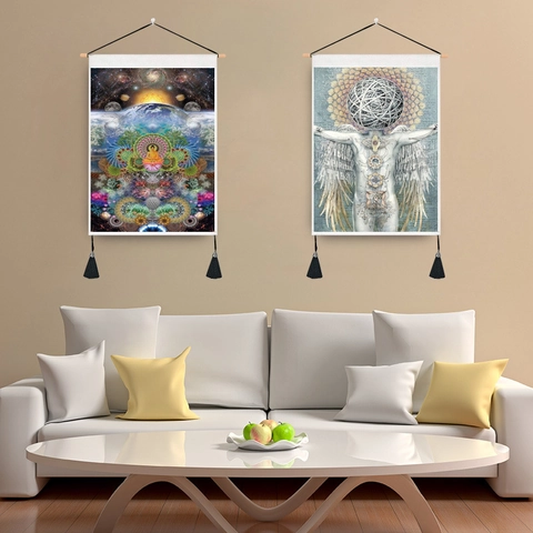 Wall Hanging Tapestry Cotton Polyester Fabric With Wooden Pole And Tassels Mandela Elephant Buddha Starry Sky Home Decor
