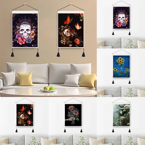 Gothic Skull Tapestry Wall Hanging Polyester Cotton Decorative Art With Wood Pole And Tassel For Home Living Room