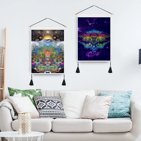 Wall Hanging Tapestry Cotton Polyester Fabric With Wooden Pole And Tassels Mandela Elephant Buddha Starry Sky Home Decor