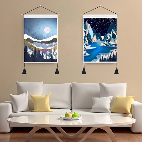 Noords Abstract Berglandschap Wandtapijt Katoen Polyester Decor Voor Huis Met Houten Roede En Kwastjes