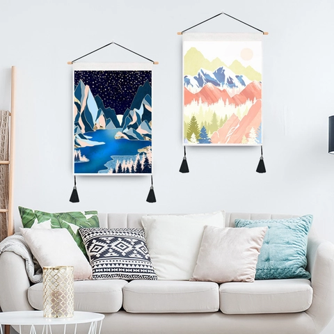 Noords Abstract Berglandschap Wandtapijt Katoen Polyester Decor Voor Huis Met Houten Roede En Kwastjes