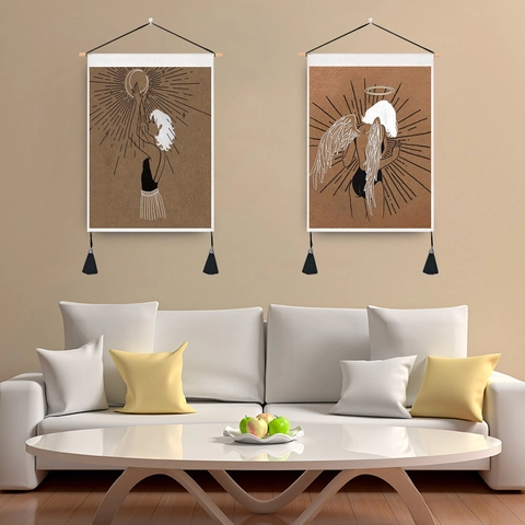 Arazzo Da Parete Minimalista Line Art Donna Con Asta In Legno E Decorazione Con Nappine Tessuto Poliestere Coton Camera