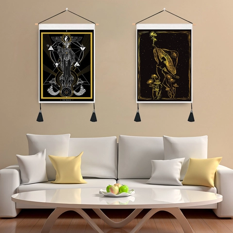 Mushroom Tarot Wall Tapestry Polyester Cotton Linen Mystical Occult Art Hanging With Wooden Rod Tassels For Home Decor