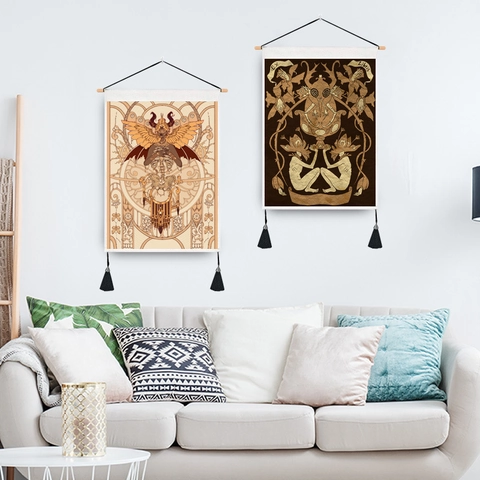 Mushroom Tarot Wall Tapestry Polyester Cotton Linen Mystical Occult Art Hanging With Wooden Rod Tassels For Home Decor