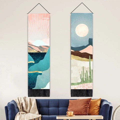 Modern Nordic Abstract Landscape Wall Hanging Tapestry With Tassels Polyester Cotton Scroll Painting For Living Room Decor