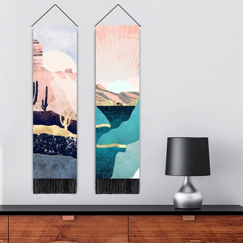 Modern Nordic Abstract Landscape Wall Hanging Tapestry With Tassels Polyester Cotton Scroll Painting For Living Room Decor