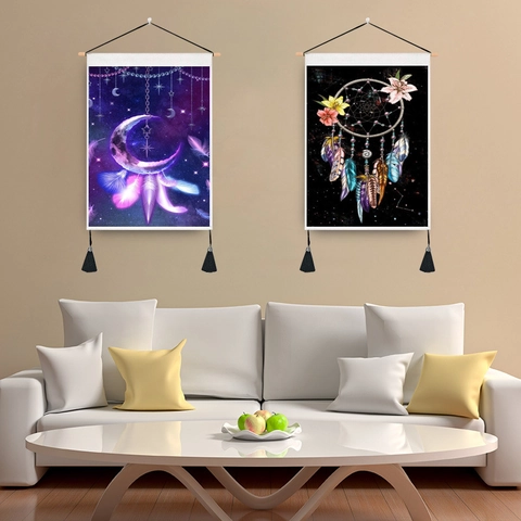 Bohemian Dreamcatcher Tapestry Wall Hanging Polyester Cotton With Wooden Pole And Tassels Nordic Moon Mandala Home Decor