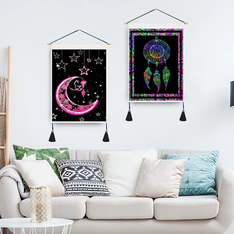 Bohemian Dreamcatcher Tapestry Wall Hanging Polyester Cotton With Wooden Pole And Tassels Nordic Moon Mandala Home Decor