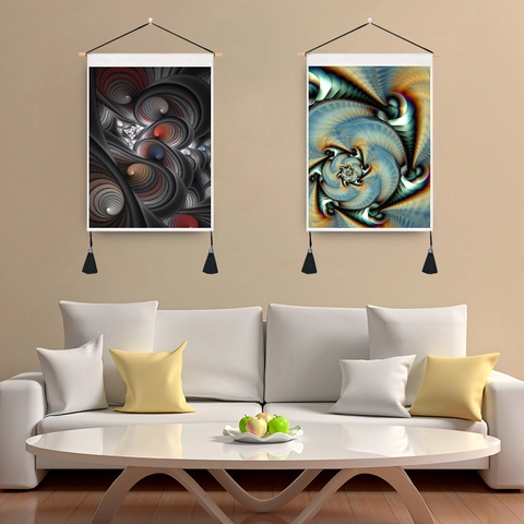 Abstract Fractal Art Wall Tapestry Hanging Painting With Wood Rod And Tassels Nordic Style Decorative Canvas