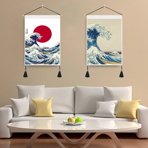 Japanischer Ukiyo-e Wandteppich Great Wave Wandschmuck Mit Holzstab Und Quasten Polyester Baumwolle Stoff Kunst