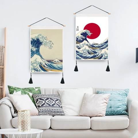 Japanischer Ukiyo-e Wandteppich Great Wave Wandschmuck Mit Holzstab Und Quasten Polyester Baumwolle Stoff Kunst