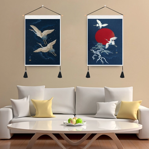Oriental Crane Wall Tapestry Hanging Scroll Art Polyester Cotton With Wood Rod And Tassels For Home Wall Decoration