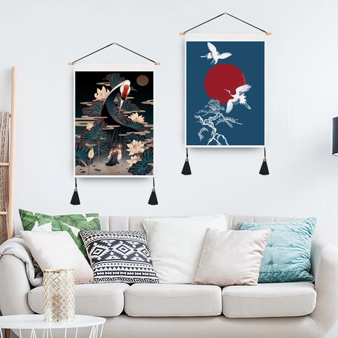 Oriental Crane Wall Tapestry Hanging Scroll Art Polyester Cotton With Wood Rod And Tassels For Home Wall Decoration