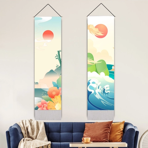 Japanese Ukiyo-e Style Hanging Tapestry Wall Art Polyester Cotton Fabric Painting With Tassel Red Sun Landscape Waves Decoration
