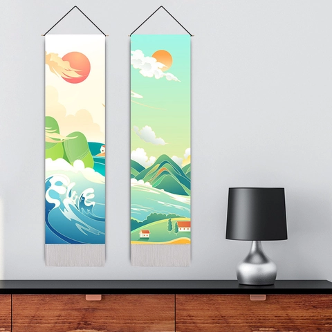 Japanese Ukiyo-e Style Hanging Tapestry Wall Art Polyester Cotton Fabric Painting With Tassel Red Sun Landscape Waves Decoration