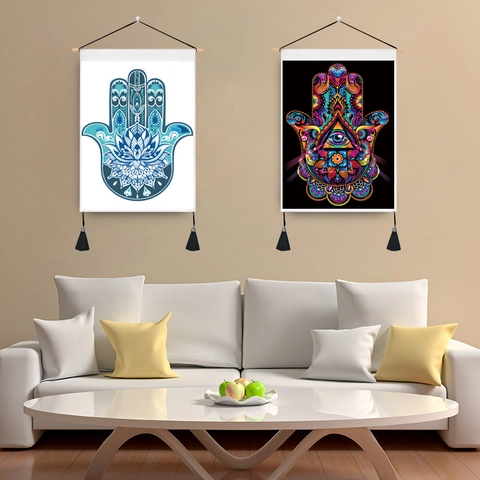 Hamsa Hand Wall Tapestry With Wood Rod And Tassels Polycotton Hanging Wall Art Decorative Mandala Evil Eye Lotus Pattern For Home Decor