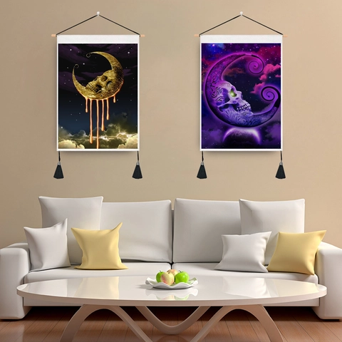 Gothic Moon Skull Wall Tapestry Polyester Cotton Hanging Painting With Wooden Rod Black Tassels Starry Night Home Decor