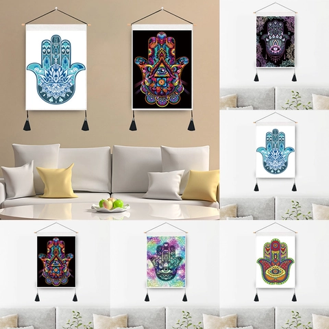 Hamsa Hand Wall Tapestry With Wood Rod And Tassels Polycotton Hanging Wall Art Decorative Mandala Evil Eye Lotus Pattern For Home Decor