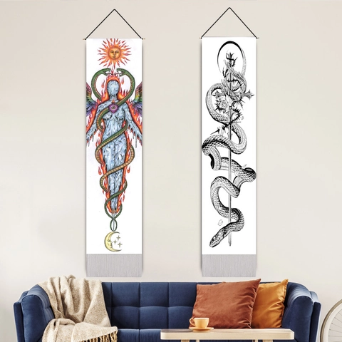 Tarot Snake Wall Tapestry Vertical Polyester Cotton Hanging With Wood Pole And Tassels Mandala Bohemian Gothic Home Decor