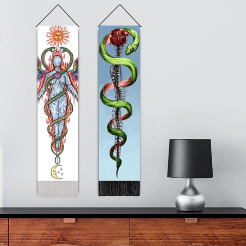 Tarot Snake Wall Tapestry Vertical Polyester Cotton Hanging With Wood Pole And Tassels Mandala Bohemian Gothic Home Decor