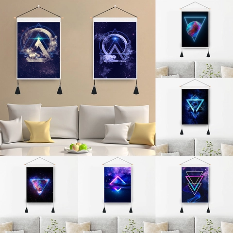 Space Galaxy Neon Geometric Wall Hanging Tapestry Polyester Cotton Fabric With Wood Pole Tassel Decorative Wall Art For Home Decor