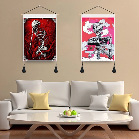 Tapisserie Murale Crâne Gothique d'Halloween Avec Tige en Bois Gland Squelette Floral Peinture Suspendue Polyester Coton Déco