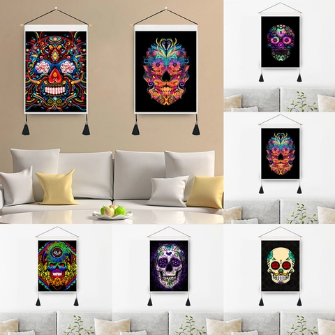 Nordischer Böhmischer Wandteppich Totenkopf Mit Holzstange Und Quasten Polyester Wandkunst Für Halloween Dekoration Zuhause