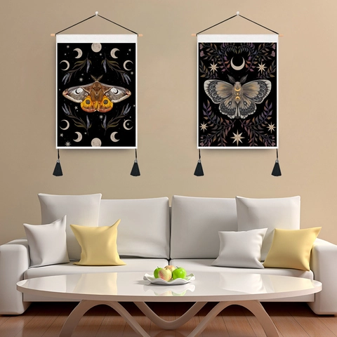 Arazzo da Parete Vintage Falena Farfalla Asta in Legno Nappine Mistica Fase Lunare Tela Estetica per Decorazione Casa