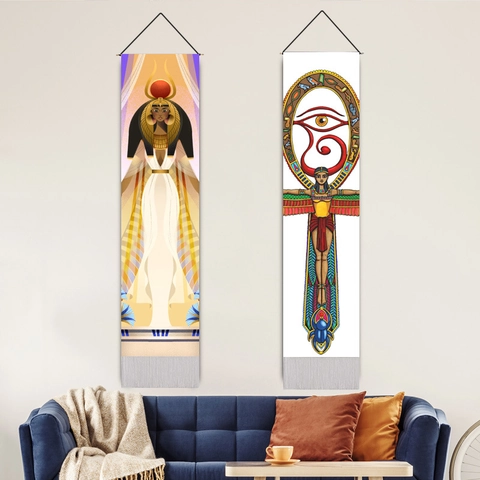 Egyptian Mythology Goddess Hanging Tapestry Cotton Linen Vertical Wall Scroll Art With Tassel And Rod Ethnic Home Decor