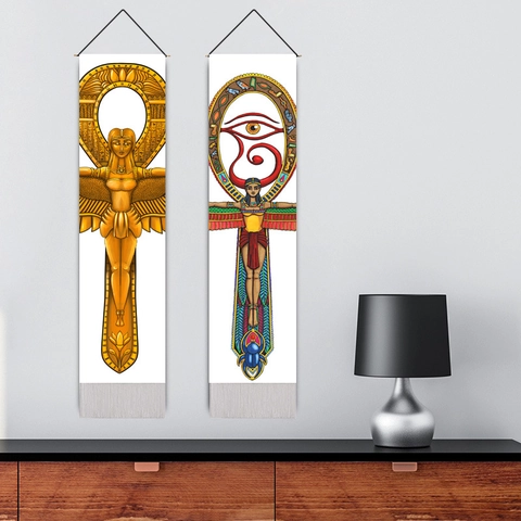 Egyptian Mythology Goddess Hanging Tapestry Cotton Linen Vertical Wall Scroll Art With Tassel And Rod Ethnic Home Decor