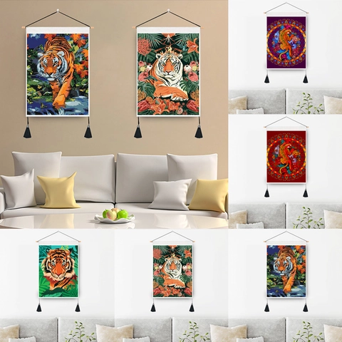 Tiger Wall Tapestry With Wood Rod And Tassels Nordic Artistic Polyester Cotton Scroll Painting For Living Room Bedroom